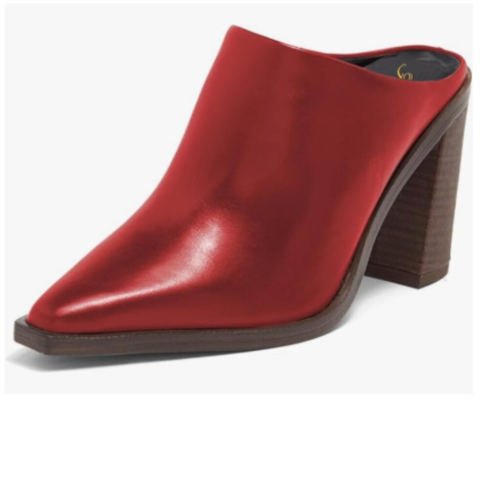 FOWT Red Pointed Toe Slip On Mules Stacked Block High Heel Sandal Proms Shoes